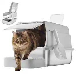 Songmics Home - Stainless Steel Cat Litter Box with Flip Lid, Litter Catcher Mat and Box, 2 Doors, Scoop, for Cats up to 33 lb - Light Gray