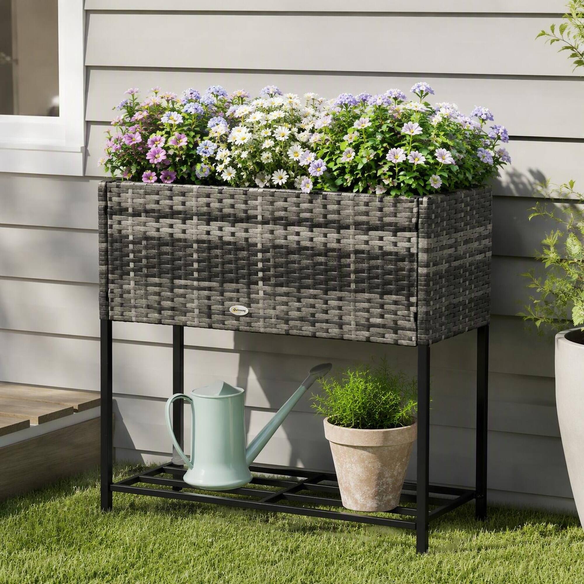 Angle. RYHNUYNE - Outsunny Raised Garden Bed with Rattan Look, 27.5" Elevated Planter Box with Tool Shelf, Gray - Grey.