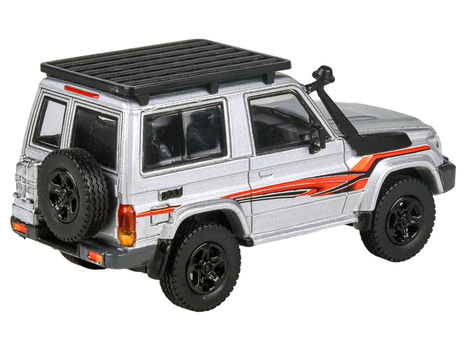 Left. Paragon - 2014 Toyota Land Cruiser LC 71 Silver Metallic with Graphics 1/64 Diecast Model Car by Paragon Models - Silver Metallic.