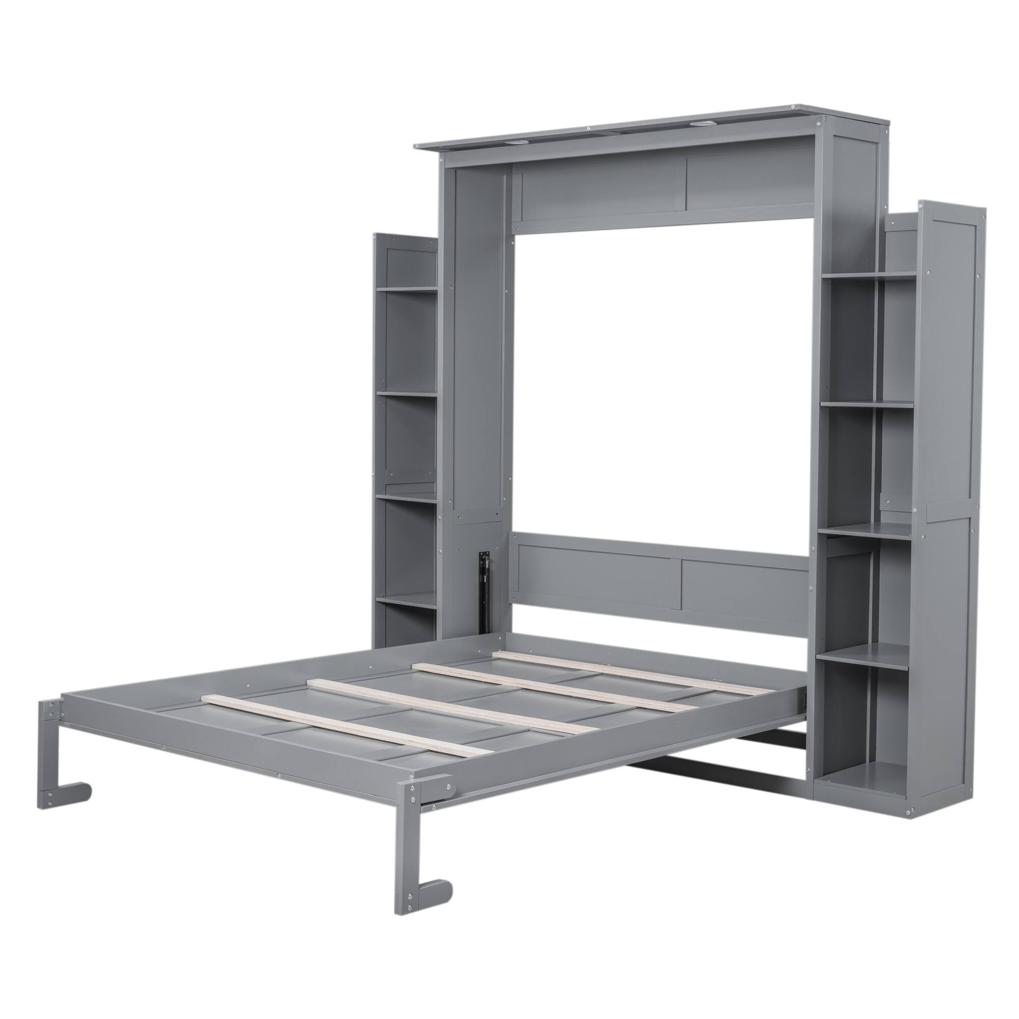 Alt View 4. Tiramisubest - Queen Size Gray Murphy Wall Bed with Shelves, LED Lights, Solid Wood + MDF, Space-Saving - Gray.