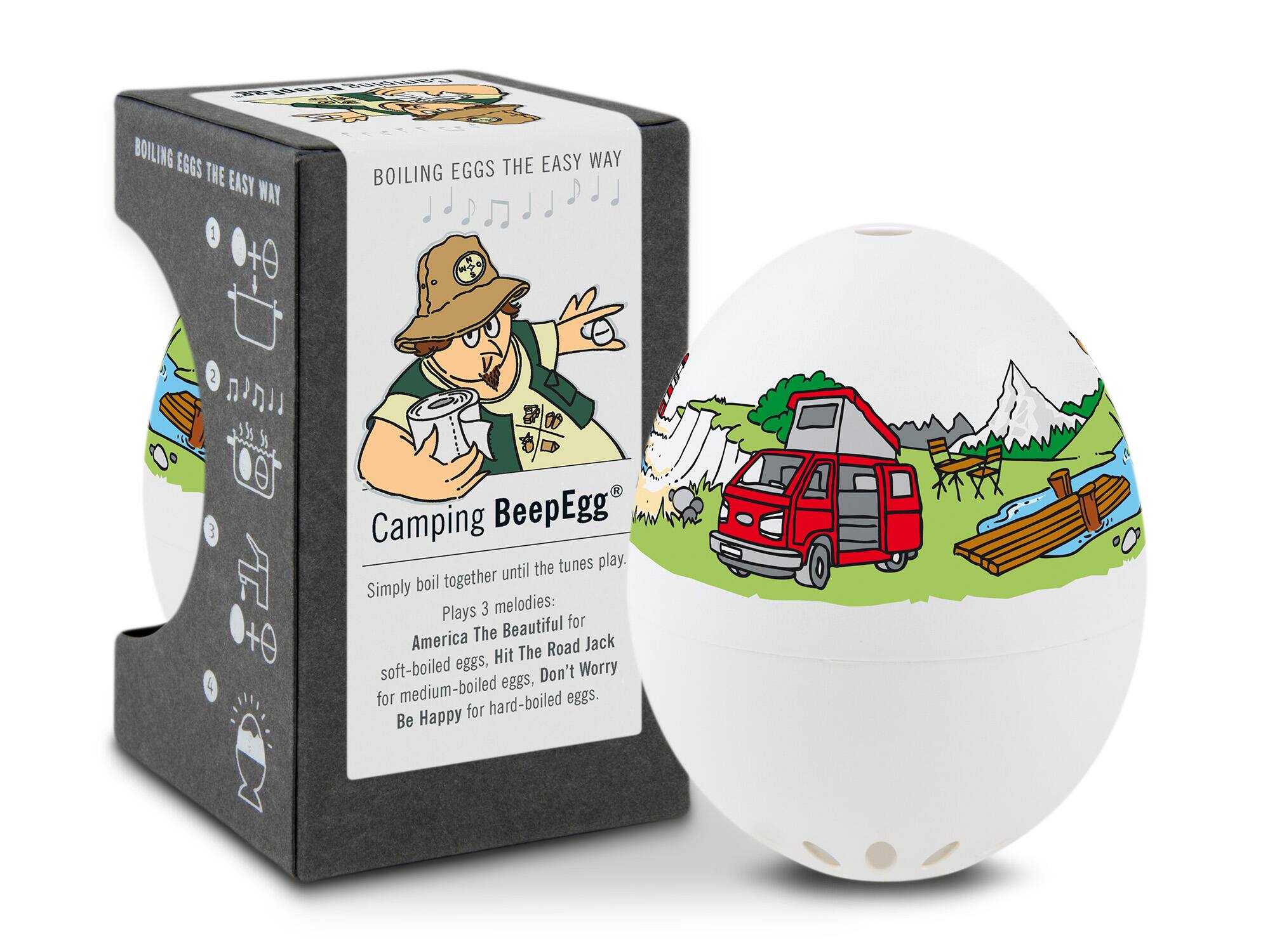 BOILING EGGS THE EASY WAY

1. Simply boil oil together until the tunes play.
2. Plays 3 melodies:
   - America The Beautiful for soft-boiled eggs
   - Hit The Road Jack for medium-boiled eggs
   - Don't Worry Be Happy for hard-boiled eggs

Camping BeepEgg