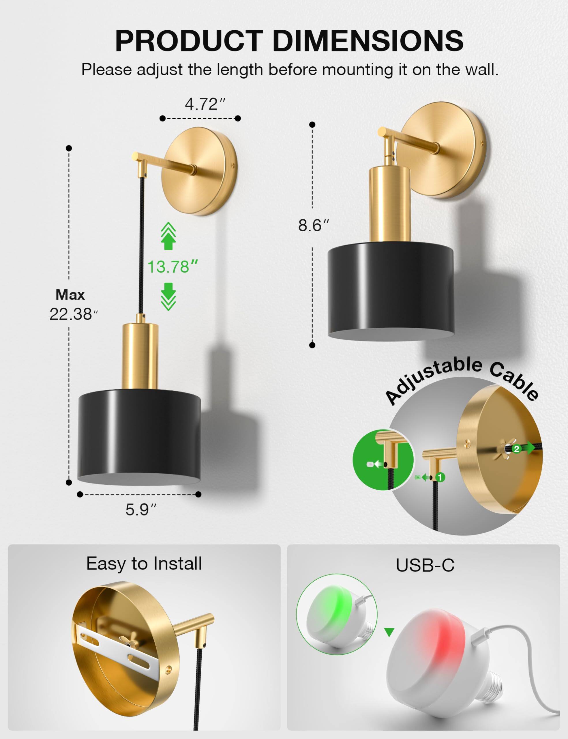 **PRODUCT DIMENSIONS**

Please adjust the length before mounting it on the wall.

- 4.72"
- 8.6"
- 13.78"
- Max 22.38"
- 5.9"

**Adjustable Cable**

**Easy to Install**

**USB-C**