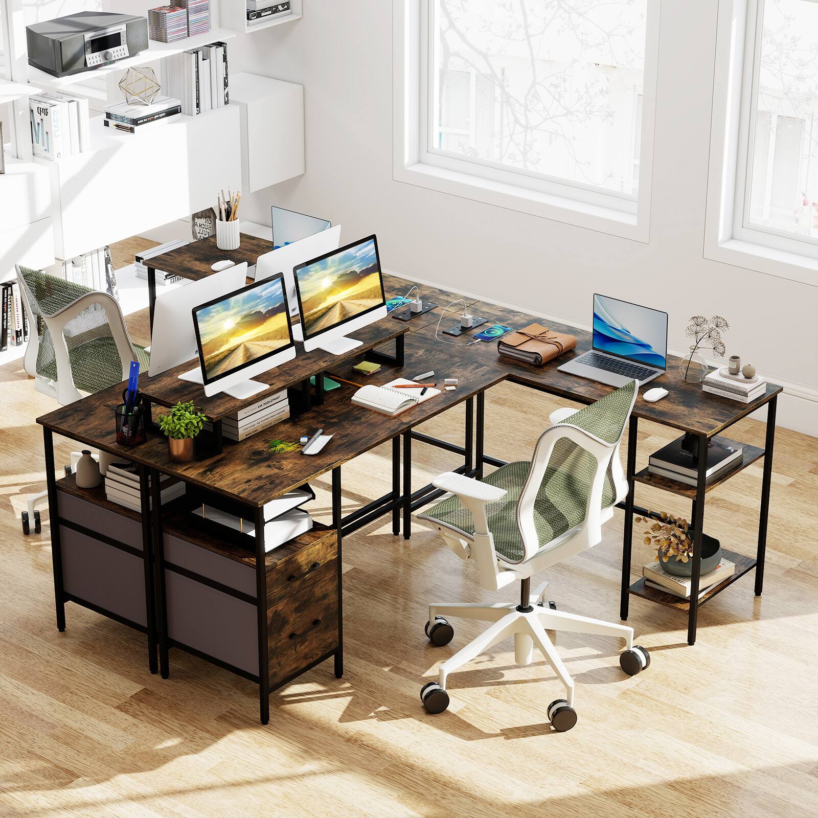 Alt View 4. Costway - Costway 63" L Shaped Desk with Power Outlet with Monitor Stands, 2 Drawers, Storage Shelves - Rustic Brown + Black.