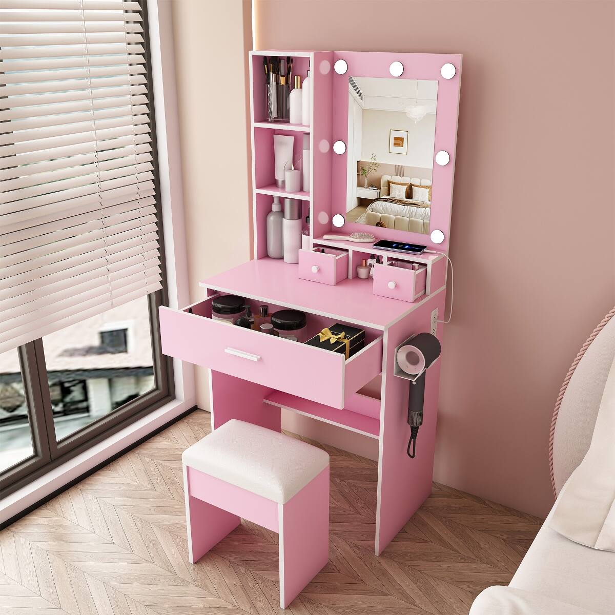 Alt View 7. Loheer - Loheer Makeup Vanity with Adjustable LED Lights, Mirror and Stool for Small Bedrooms, Pink - Pink.