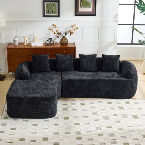 Angle. Anysun - Chenille L-Shape Compressed Sofa - High-Elastic Sponge, Curved Armrests & 4 Throw Pillows for Living Room - Black.