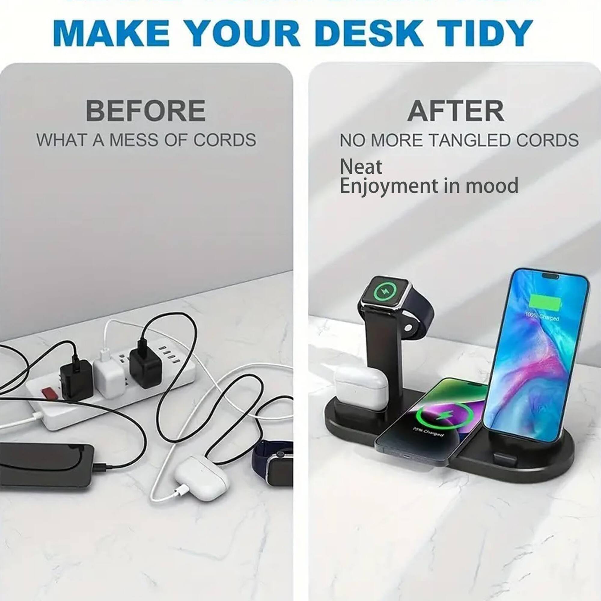MAKE YOUR DESK TIDY

BEFORE  
WHAT A MESS OF CORDS

AFTER  
NO MORE TANGLED CORDS  
Neat  
Enjoyment in mood