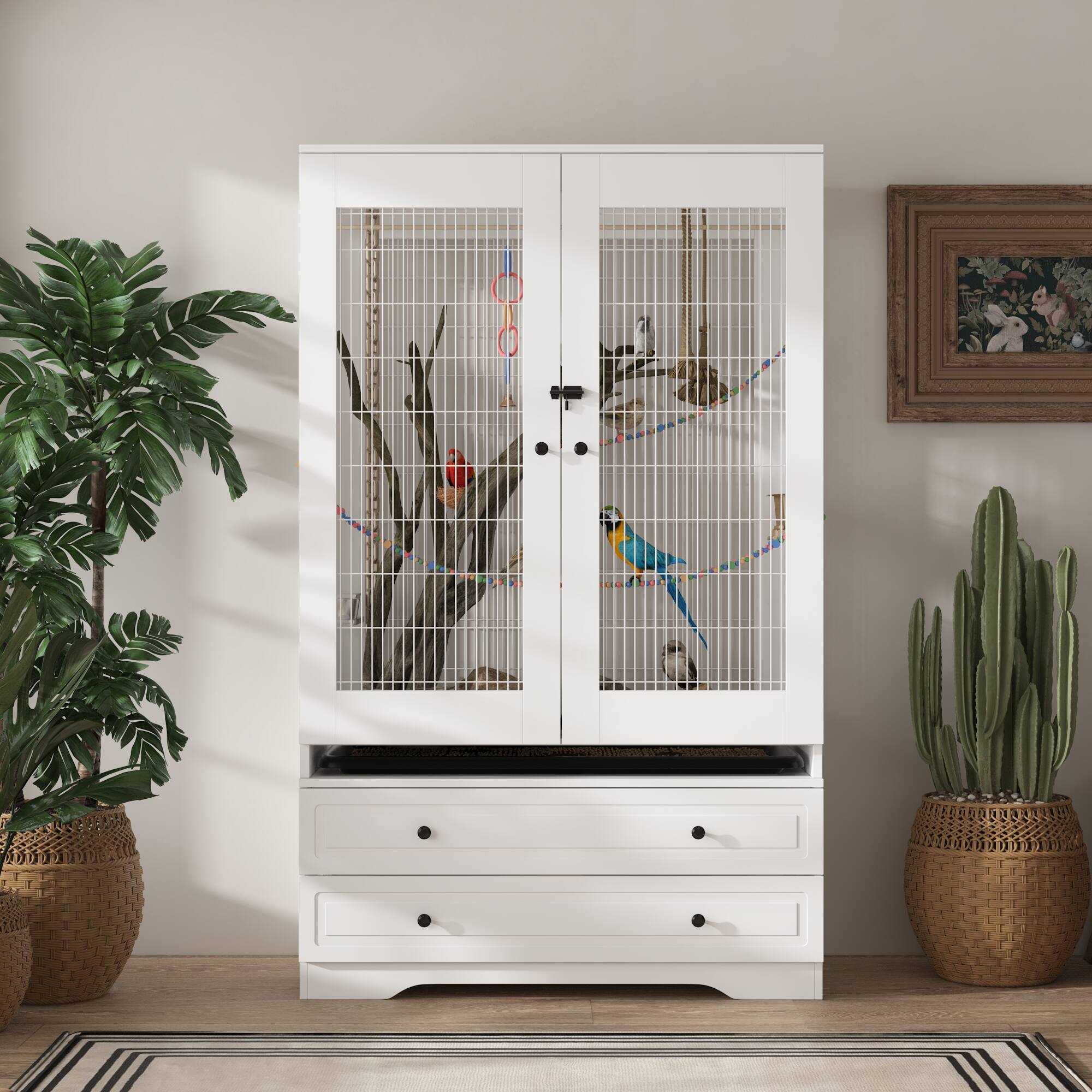 Angle. Famapy - Modern Bird Cage Furniture with Storage Drawers – Parrot & Small Bird Habitat with Stylish Home Display Design.