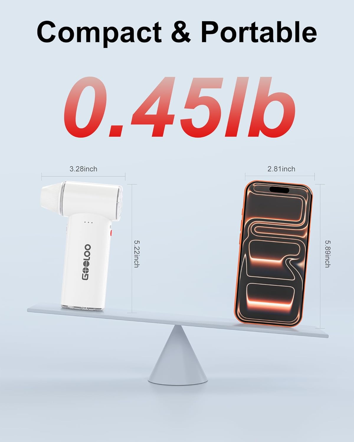 Compact & Portable  
0.45lb  
3.28inch  
2.81inch  
5.22inch  
5.89inch