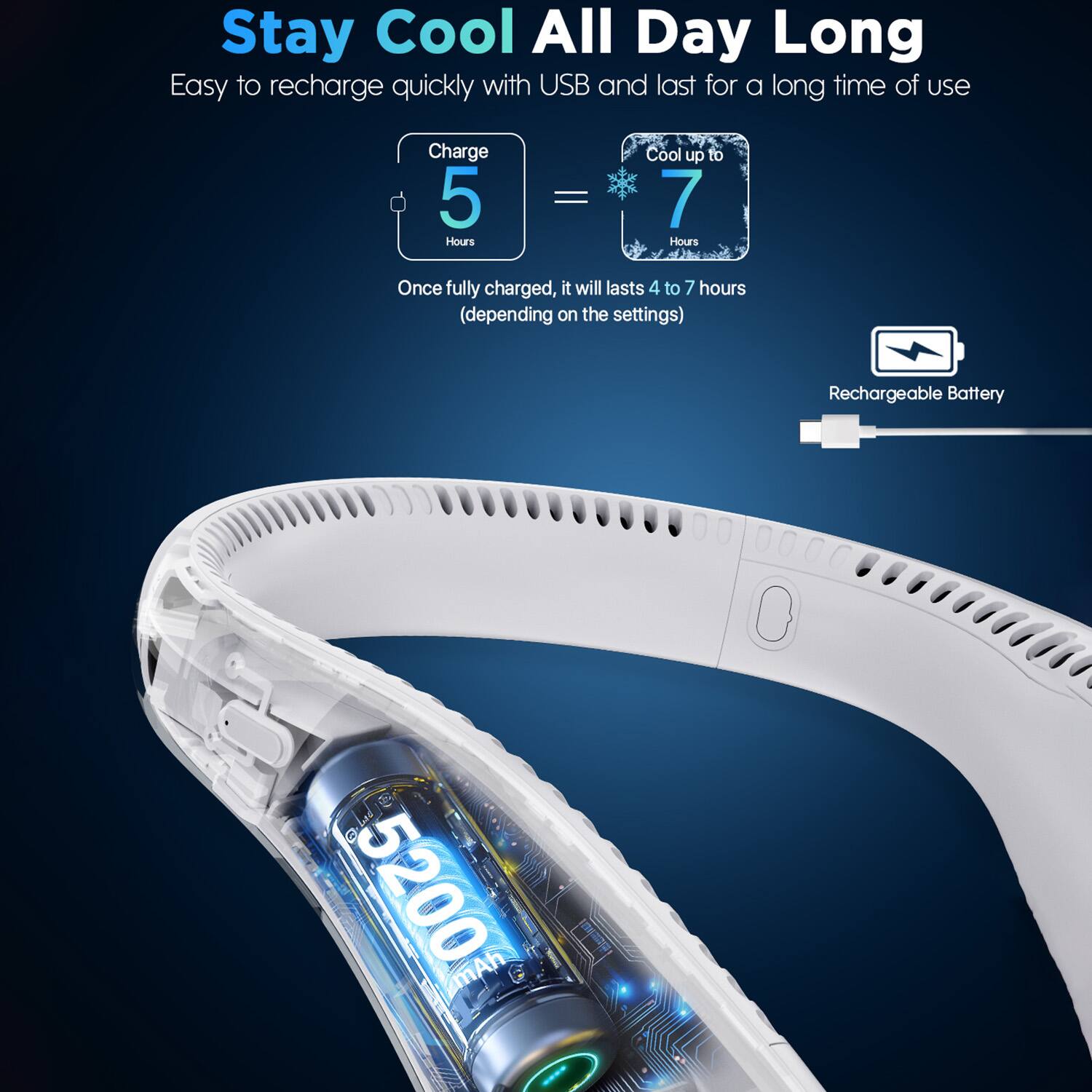 Stay Cool All Day Long

Easy to recharge quickly with USB and last for a long time of use

Charge 5 Hours = Cool up to 7 Hours

Once fully charged, it will last 4 to 7 hours (depending on the settings)

Rechargeable Battery 5200 mAh
