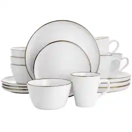 Elama - Arthur 16 Piece Stoneware Dinnerware Set in Matte White with Gold Rim - White and Gold
