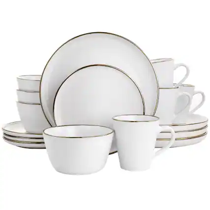 Front. Elama - Elama Arthur 16 Piece Stoneware Dinnerware Set in Matte White with Gold Rim - White and Gold.