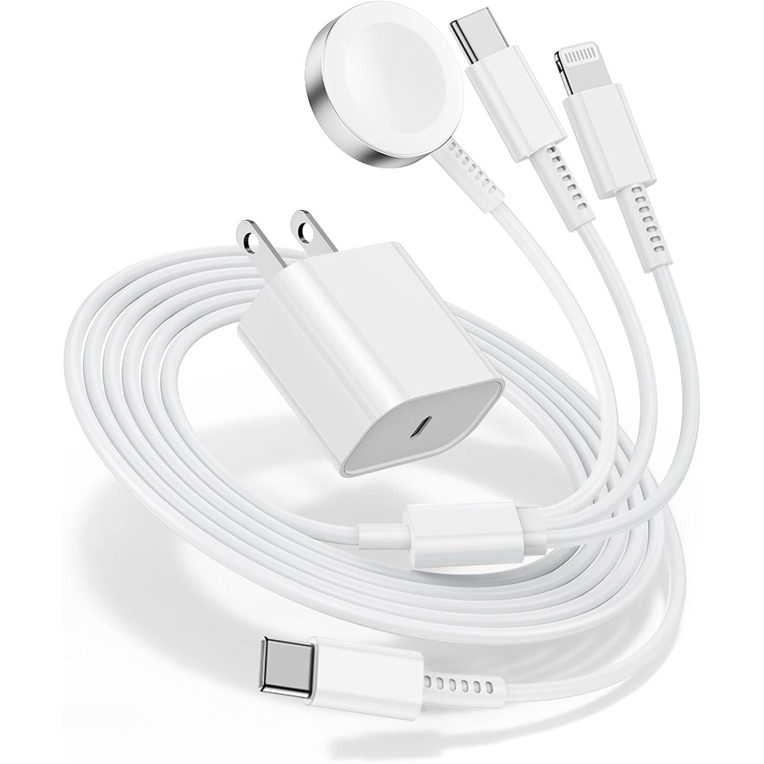 Front. MOSZAR LLC - 3-in-1 Apple Watch & iPhone Fast Charger, 6FT Cable with 20W USB-C Adapter – White - White.