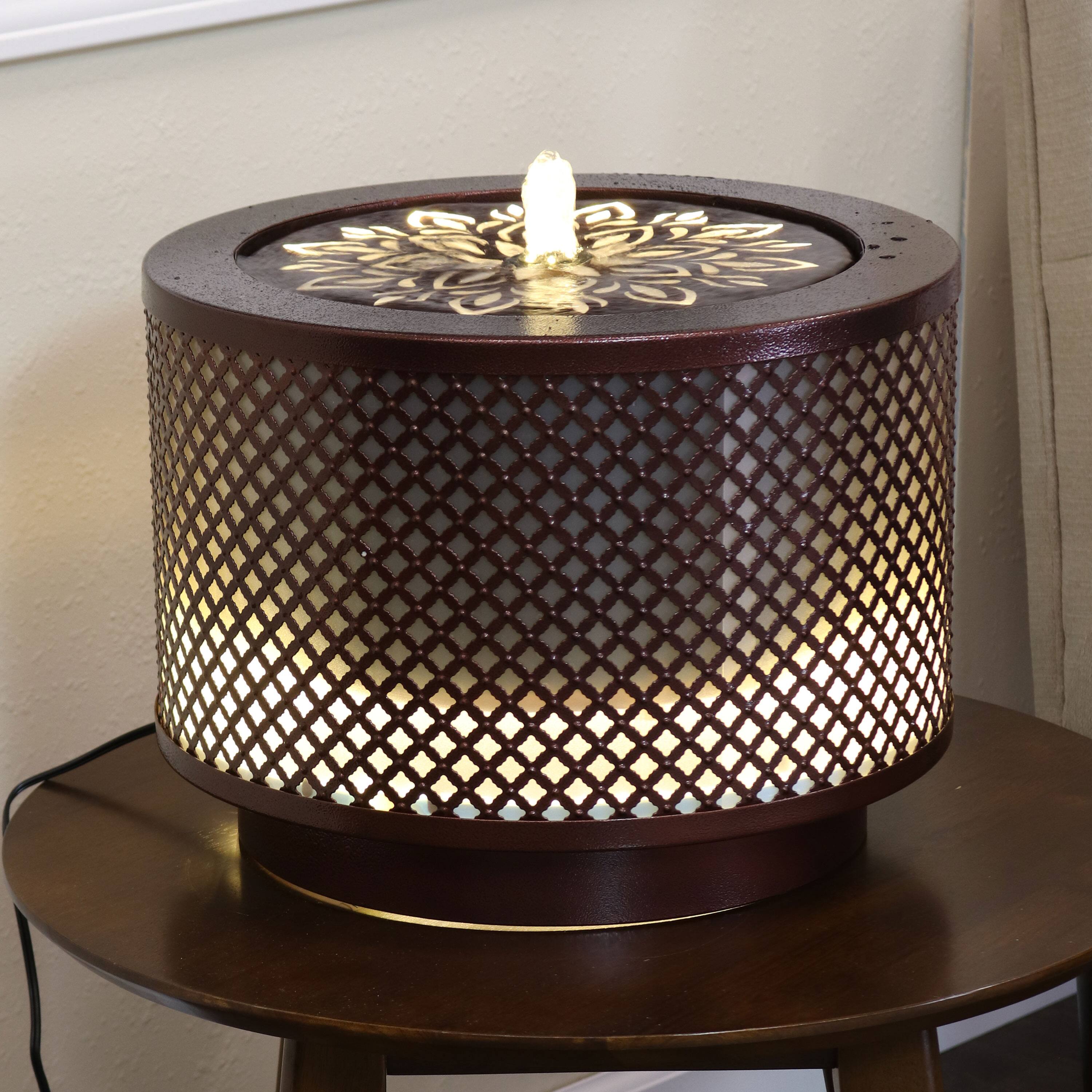 Alt View 4. Sunnydaze - Repeating Diamond Cylinder Iron Water Fountain with LED Lights - Brown.