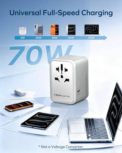 MOMAX Adattatore Da Viaggio Universale 6 In 1 Con Cavo Retrattile E Ricarica Rapida 70W, Connettori EU UK USA AU, Perfetto Per Laptop E Dispositivi Mobili