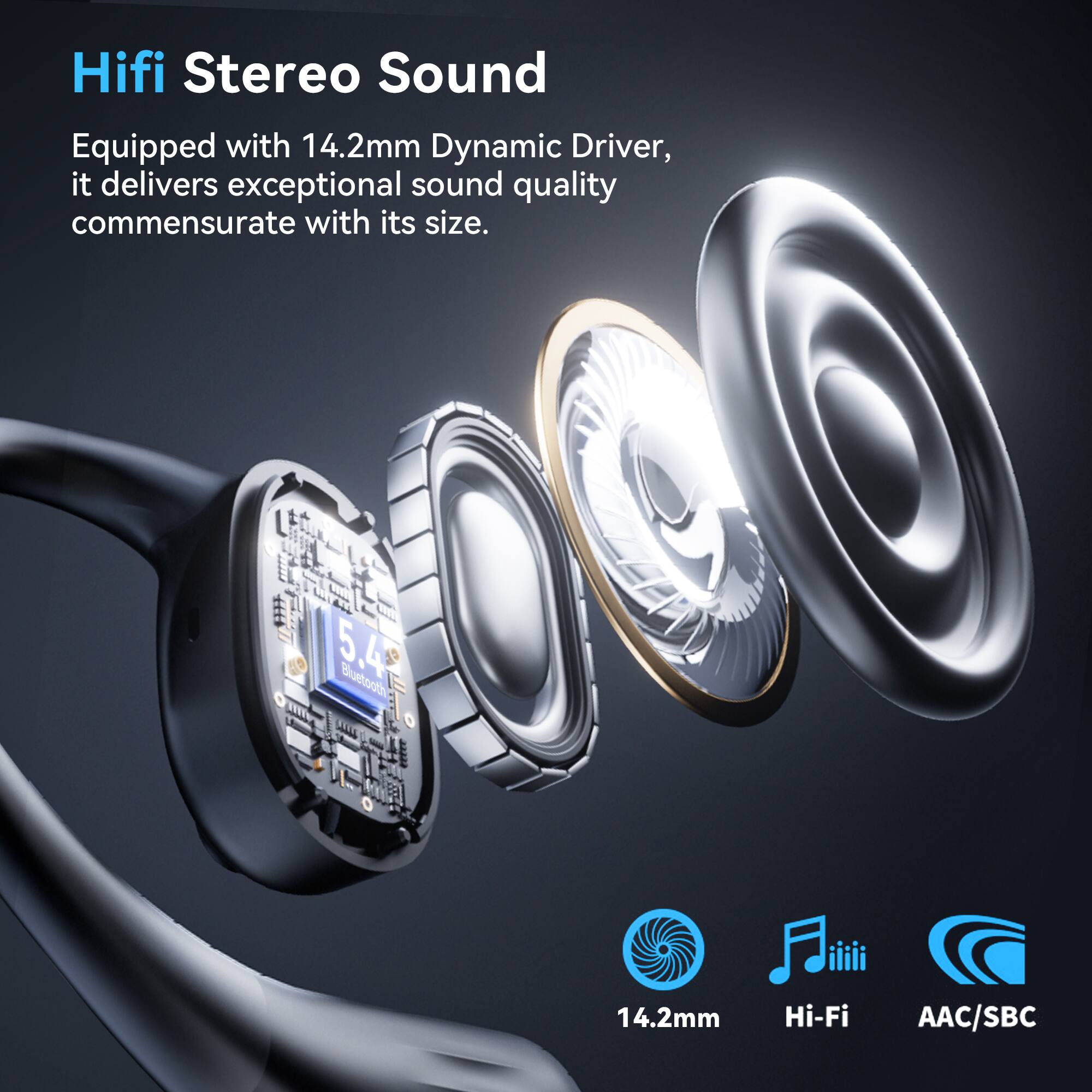 Hifi Stereo Sound  
Equipped with 14.2mm Dynamic Driver, it delivers exceptional sound quality commensurate with its size.  

5.4 Bluetooth  
14.2mm  
Hi-Fi  
AAC/SBC