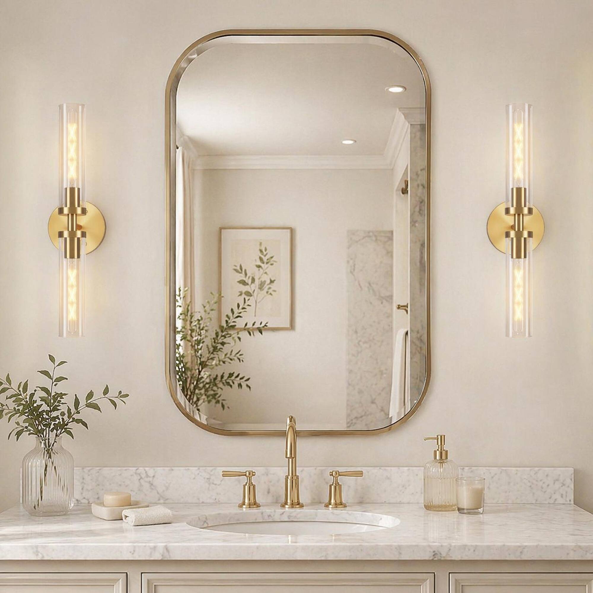 Angle. RYHNUYNE - Set of 2 Hardwired Gold Wall Sconces with Clear Glass Shades for Bathroom Vanity, Hallway, and Bedroom.