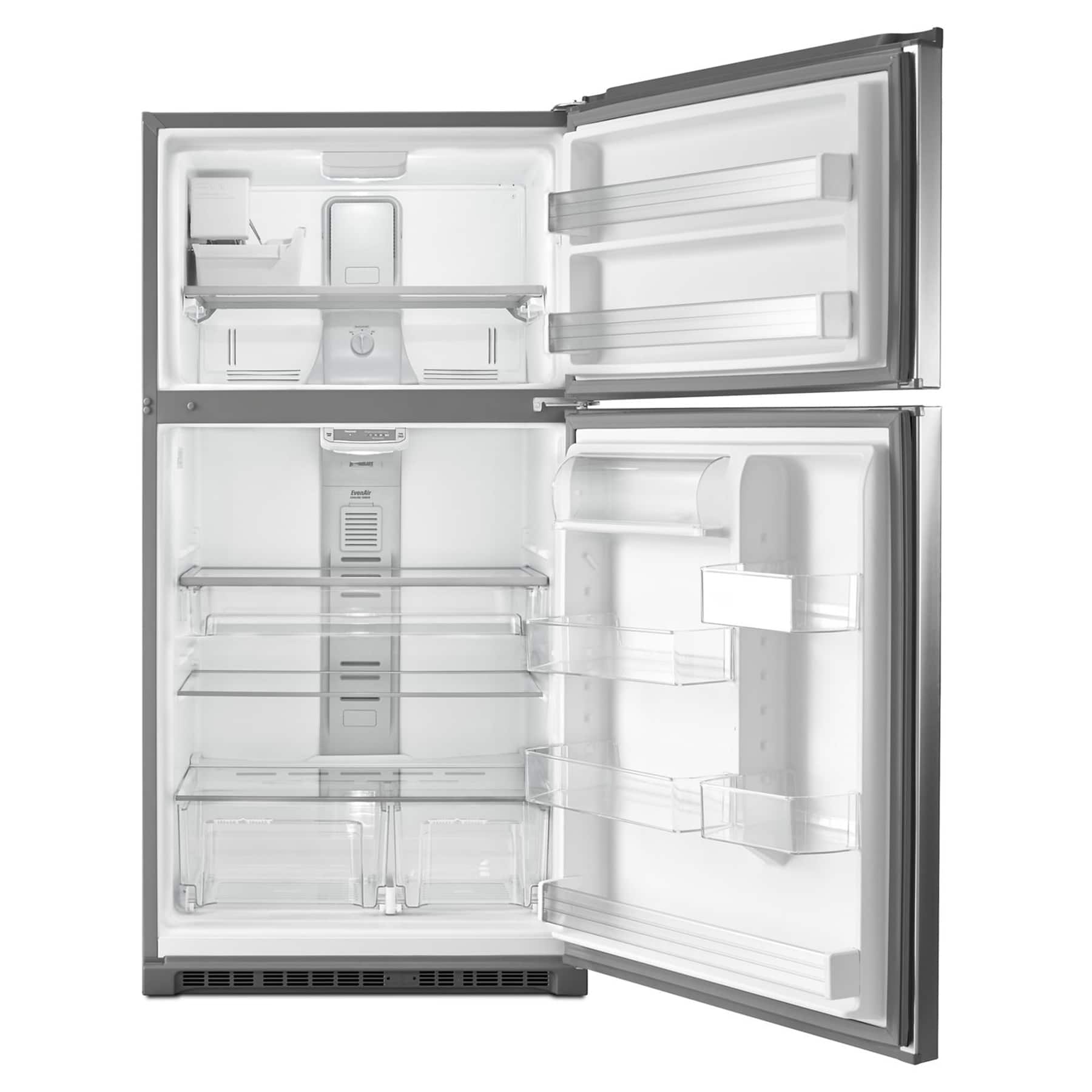 Angle. Maytag - 21 Cu. Ft. Wide Top Freezer Refrigerator with EvenAir Cooling Tower and BrightSeries LED Lighting - Fingerprint Resistant Stainless Steel.