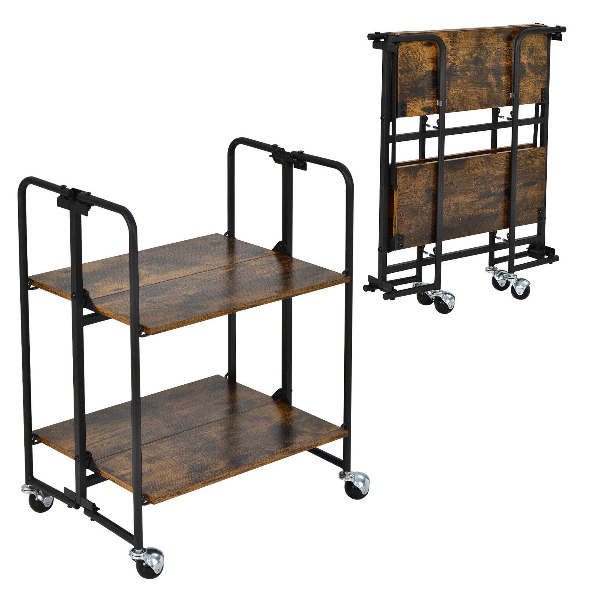Alt View 9. Gymax - Gymax 2-Tier Folding Bar Cart Kitchen Serving Island Utility Cart Storage Shelves - Rustic Brown.
