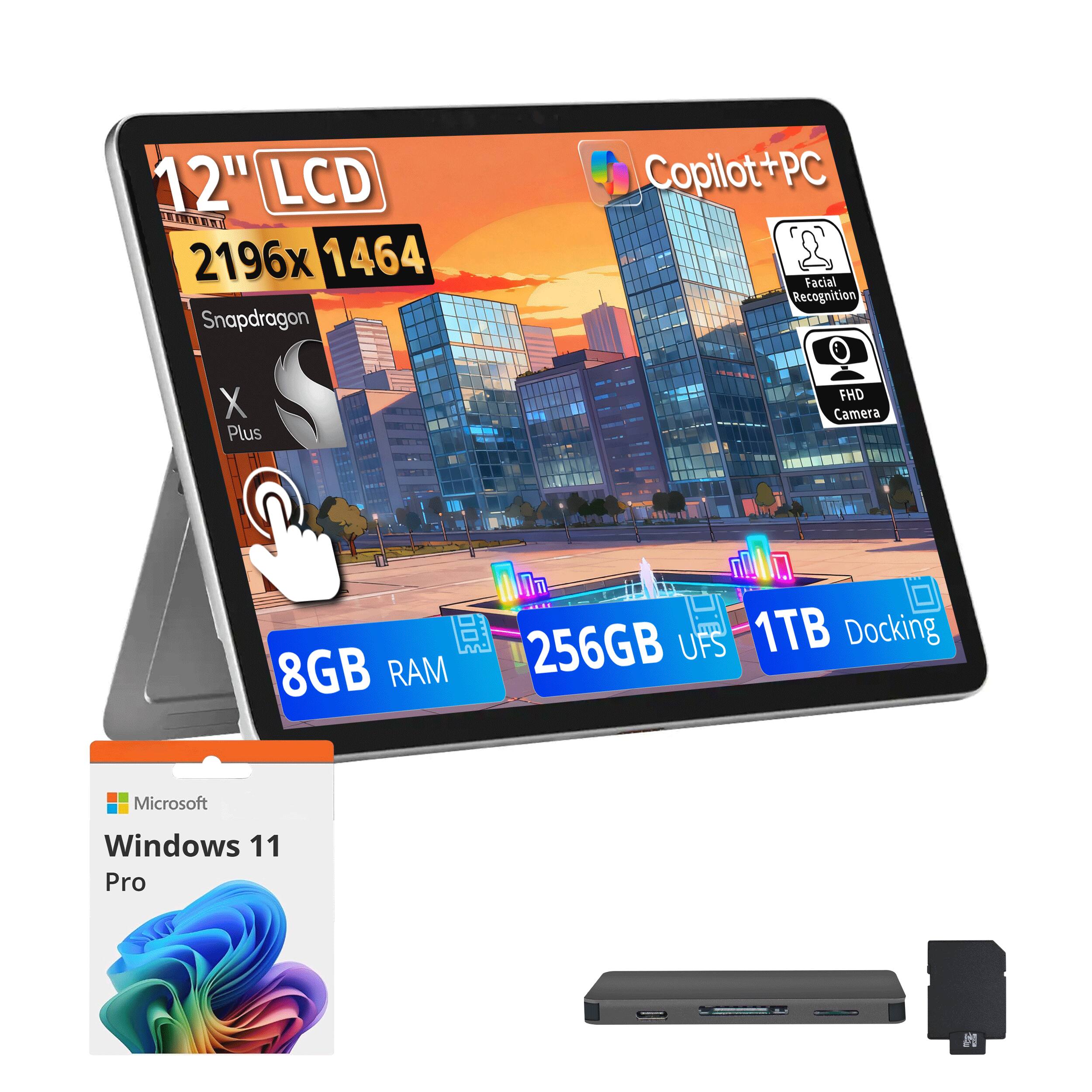 12" LCD 2196x1464 Snapdragon  
Copilot+PC Facial Recognition  
X Plus  
FHD Camera  
8GB RAM  
256GB UFS 1TB Docking  
Microsoft  
Windows 11 Pro