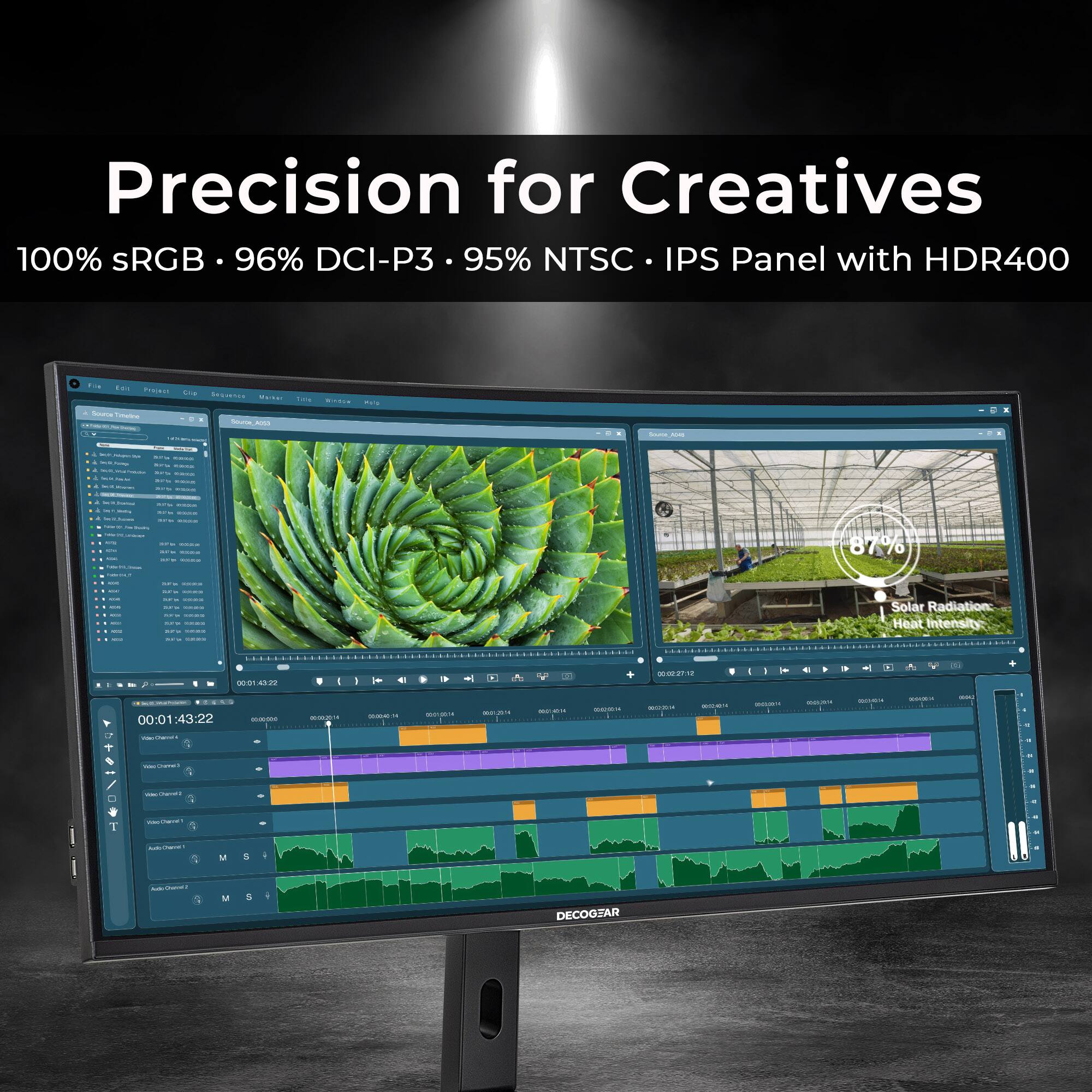 Precision for Creatives 100% SRGB 96% DCI-P3 95% NTSC IPS Panel with HDR400 - 87% Solar Radiation: Heat Intensity - 00:01:43:22 - DECOGEAR