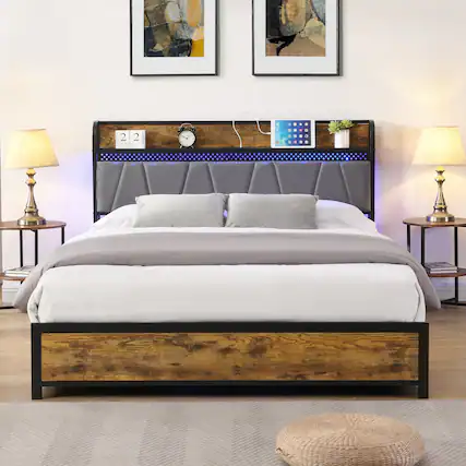 Front. LUCKY ONE - Full Size Bed Frame with Charging Station,4 Storage Drawers and LED Lights - Brown+Grey.