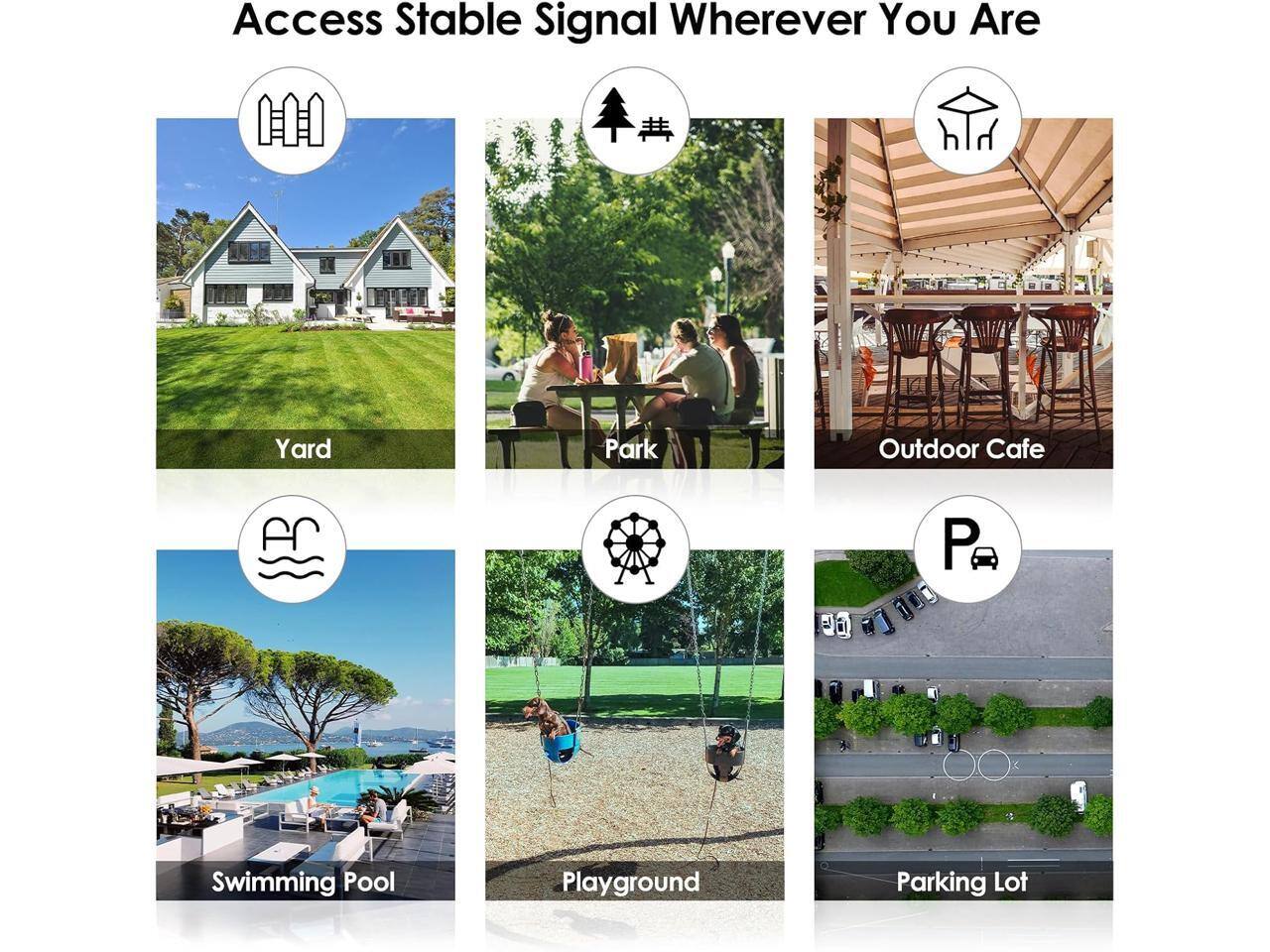 Access Stable Signal Wherever You Are

- Yard
- Park
- Outdoor Cafe
- Swimming Pool
- Playground
- Parking Lot