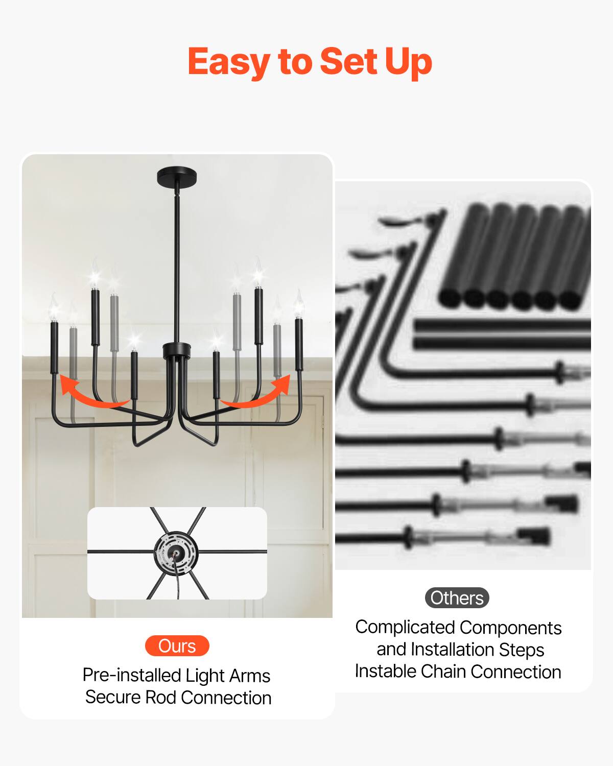 Easy to Set Up

Ours  
Pre-installed Light Arms  
Secure Rod Connection

Others  
Complicated Components  
and Installation Steps  
Instable Chain Connection
