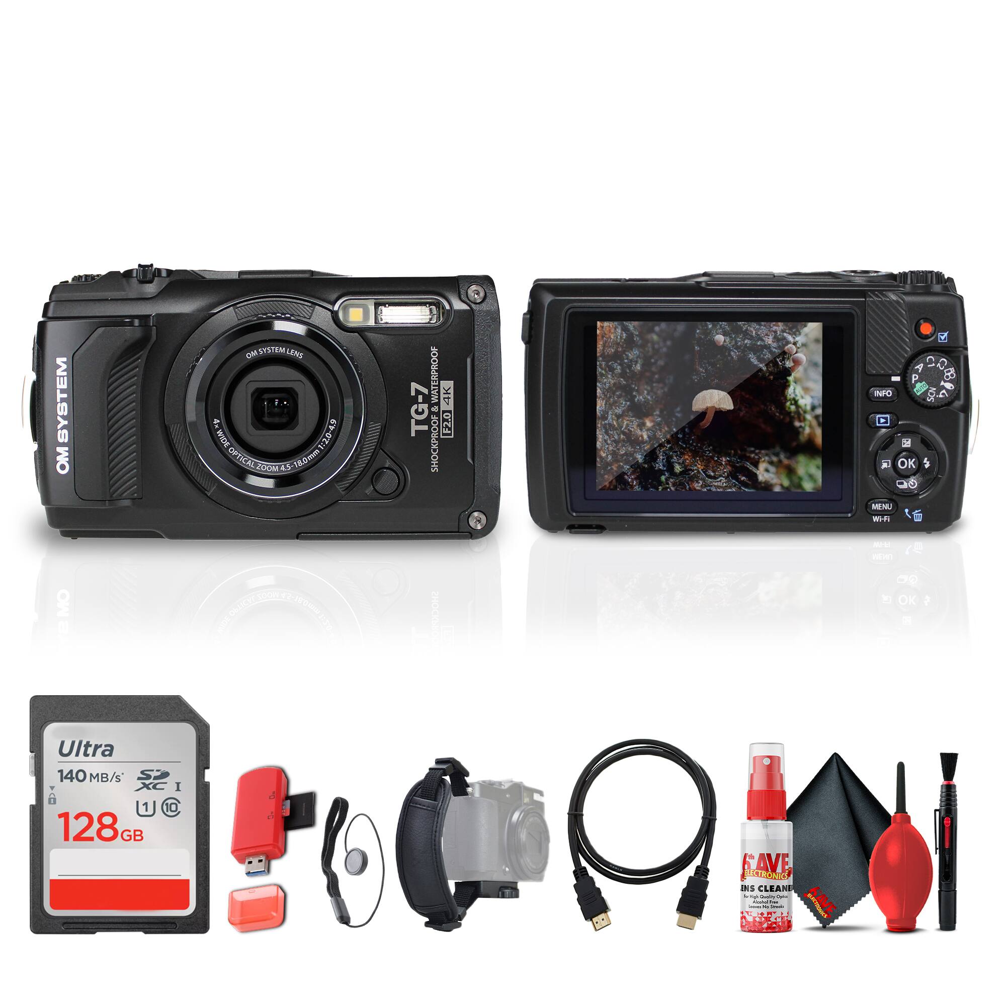 Sure, here is the corrected and grouped text from the image:
---
**OM SYSTEM TG-7**
- Optical Zoom: 2.5-12.5mm (1:2.8-4.5)
- 4K Video
- Waterproof
- Shockproof
- 128GB Ultra SD Card (140 MB/s)
- Accessories: USB Cable, Cleaning Kit, Lens Cap, Tripod Mount, Red Flashlight
---
**Menu Options:**
- INFO
- OK
- MENU
- Wi-Fi
- Bluetooth
---
**Additional Text:**
- SAVE
- CLEAN
- 128GB
- Ultra
- 140 MB/s
- SD
- 52
- UHS-I
---