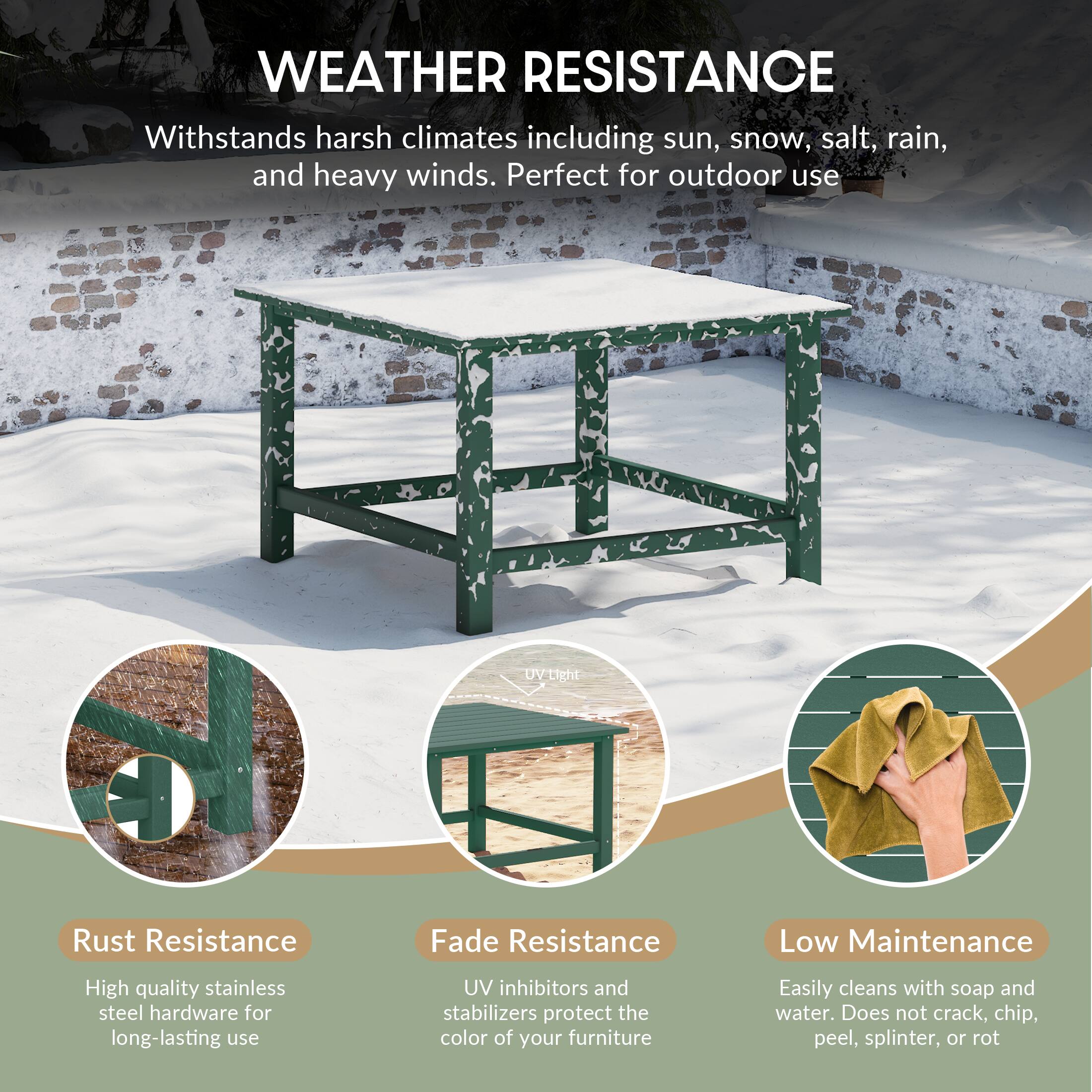 WEATHER RESISTANCE

Withstands harsh climates including sun, snow, salt, rain, and heavy winds. Perfect for outdoor use

- Rust Resistance
  High quality stainless steel hardware for long-lasting use

- Fade Resistance
  UV inhibitors and stabilizers protect the color of your furniture

- Low Maintenance
  Easily cleans with soap and water. Does not crack, chip, peel, splinter, or rot