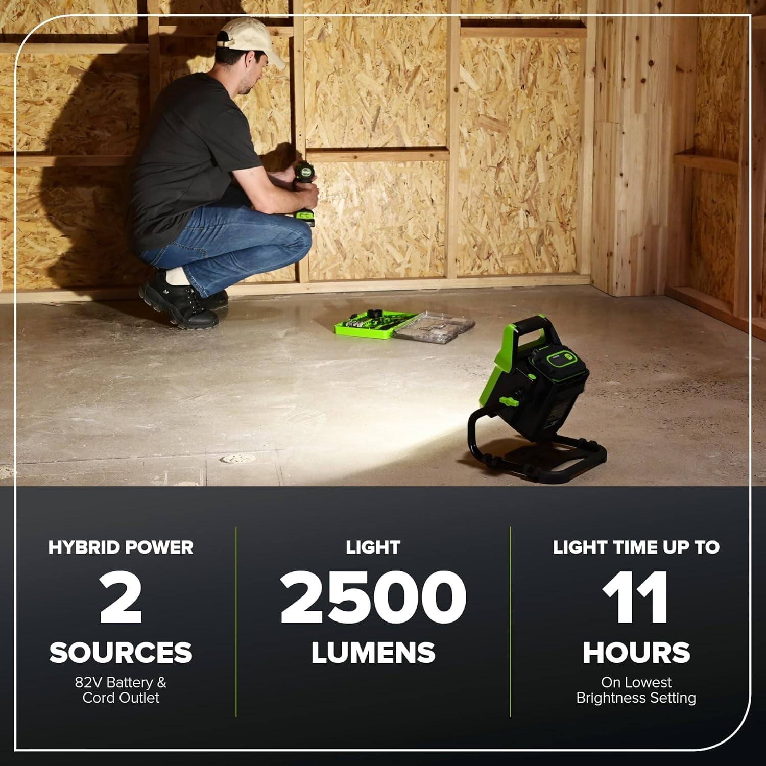HYBRID POWER  
2 SOURCES  
82V Battery & Cord Outlet  

LIGHT  
2500 LUMENS  

LIGHT TIME UP TO  
11 HOURS  
On Lowest Brightness Setting