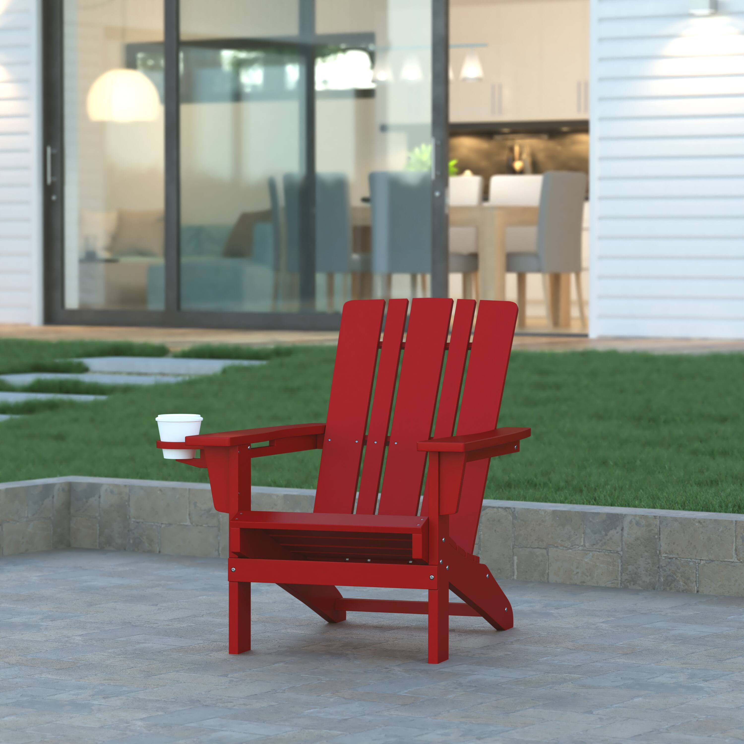 Alt View 1. Emma + Oliver - Haley Adirondack Chair with Cup Holder, Weather Resistant HDPE Adirondack Chair - Red.