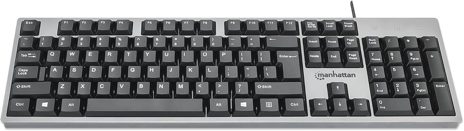 Manhattan - Wired Computer Keyboard – Basic Keyboard - USB-A Cable, 104-keys, Foldable Stands - Compatible for Windows, PC - Matte Silver Black