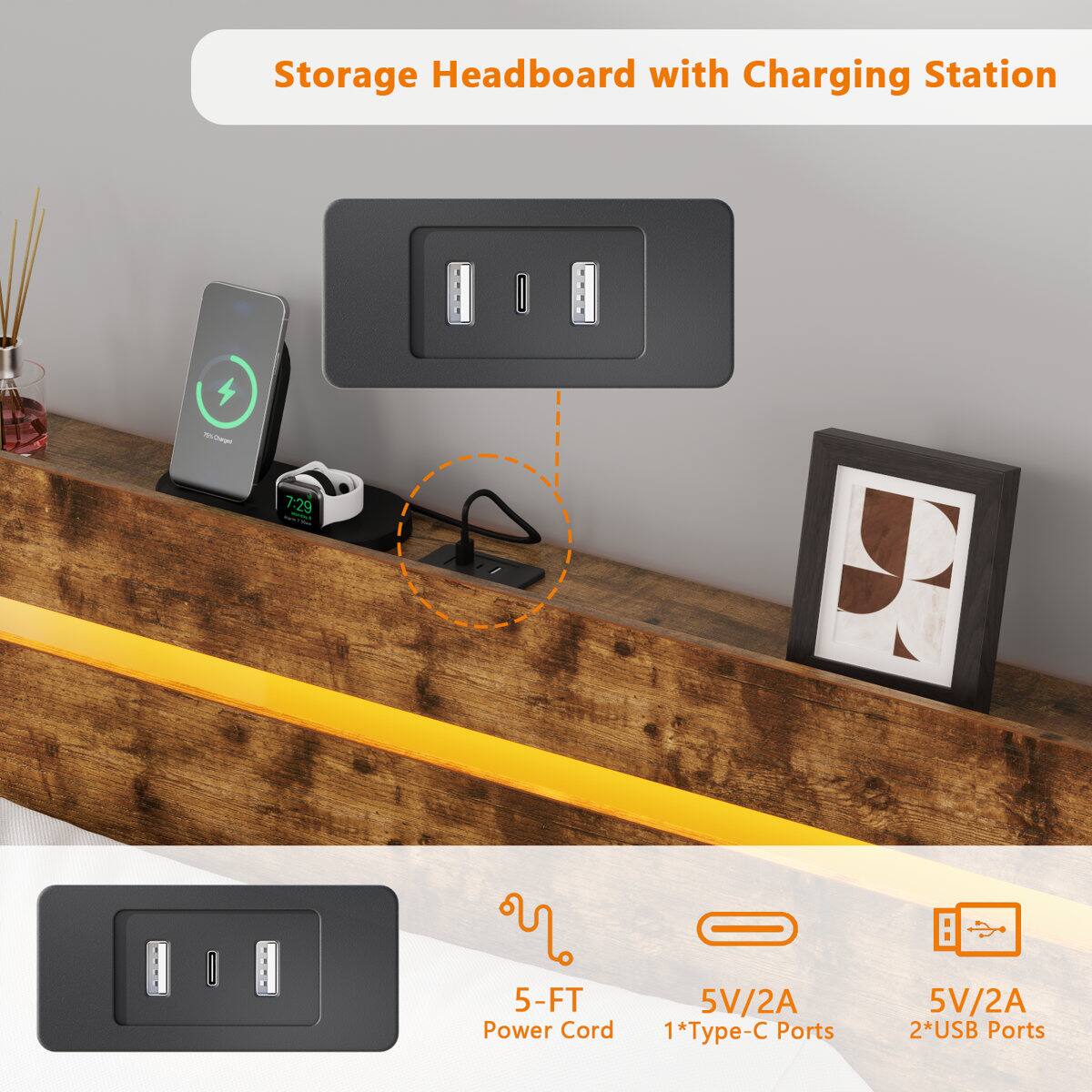 Storage Headboard with Charging Station

- 5-FT Power Cord
- 5V/2A 1*Type-C Ports
- 5V/2A 2*USB Ports