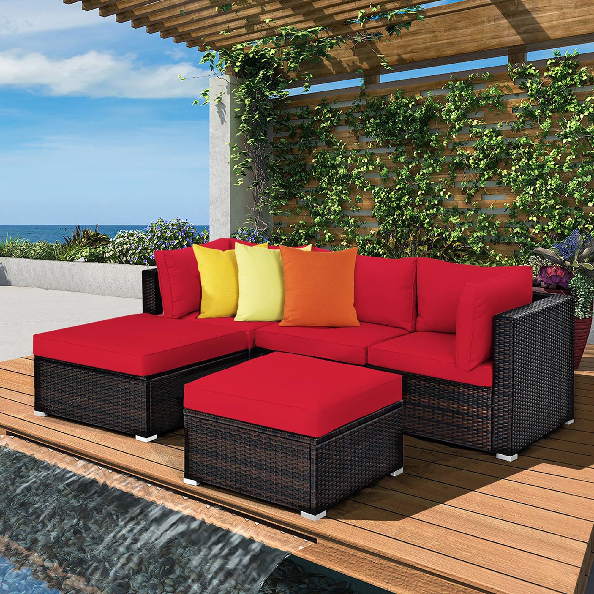 Alt View 2. Costway - Costway 5PCS Patio Rattan Furniture Set Sectional Conversation Set Ottoman Table - Red.