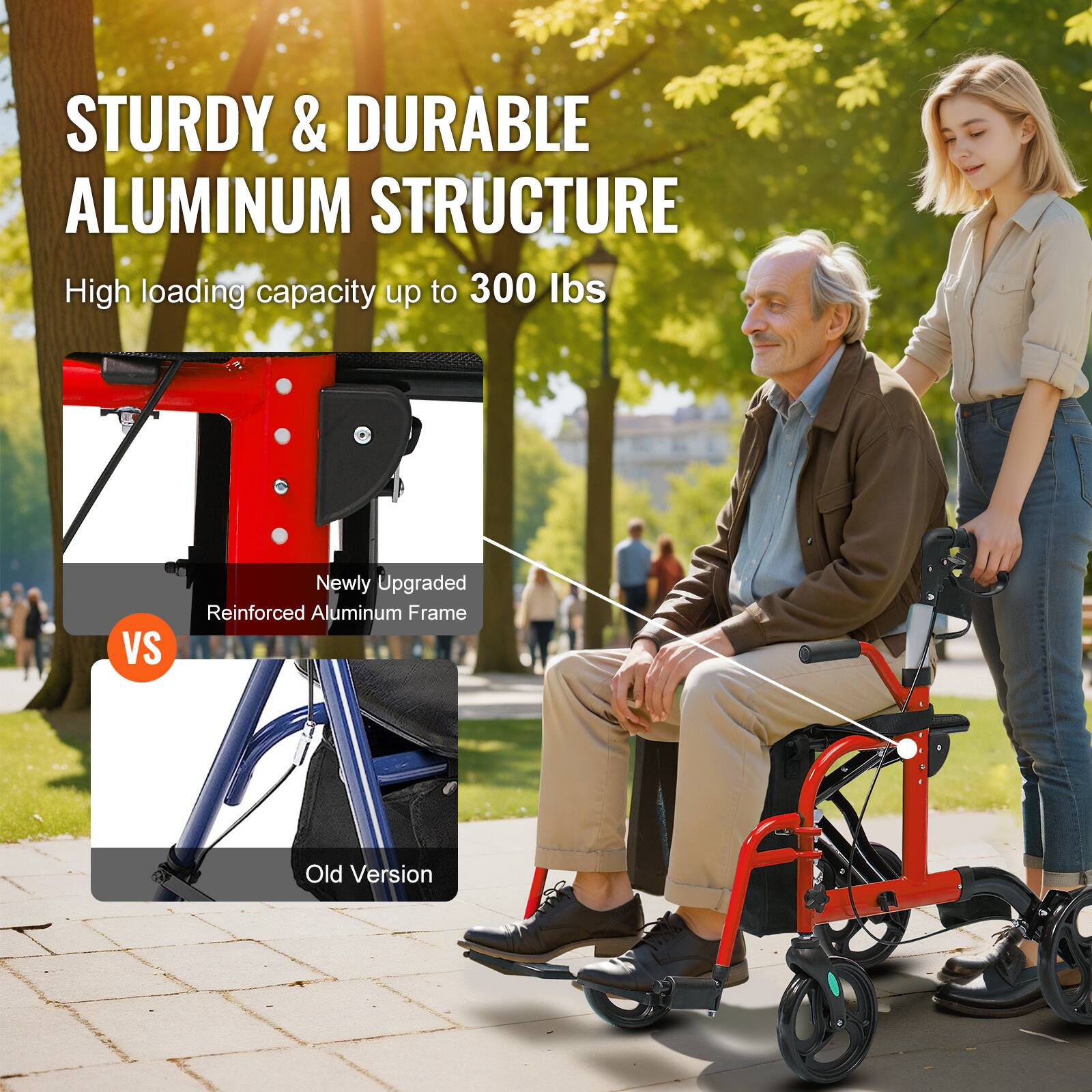 STURDY & DURABLE ALUMINUM STRUCTURE
High loading capacity up to 300 lbs
Newly Upgraded Reinforced Aluminum Frame
VS
Old Version