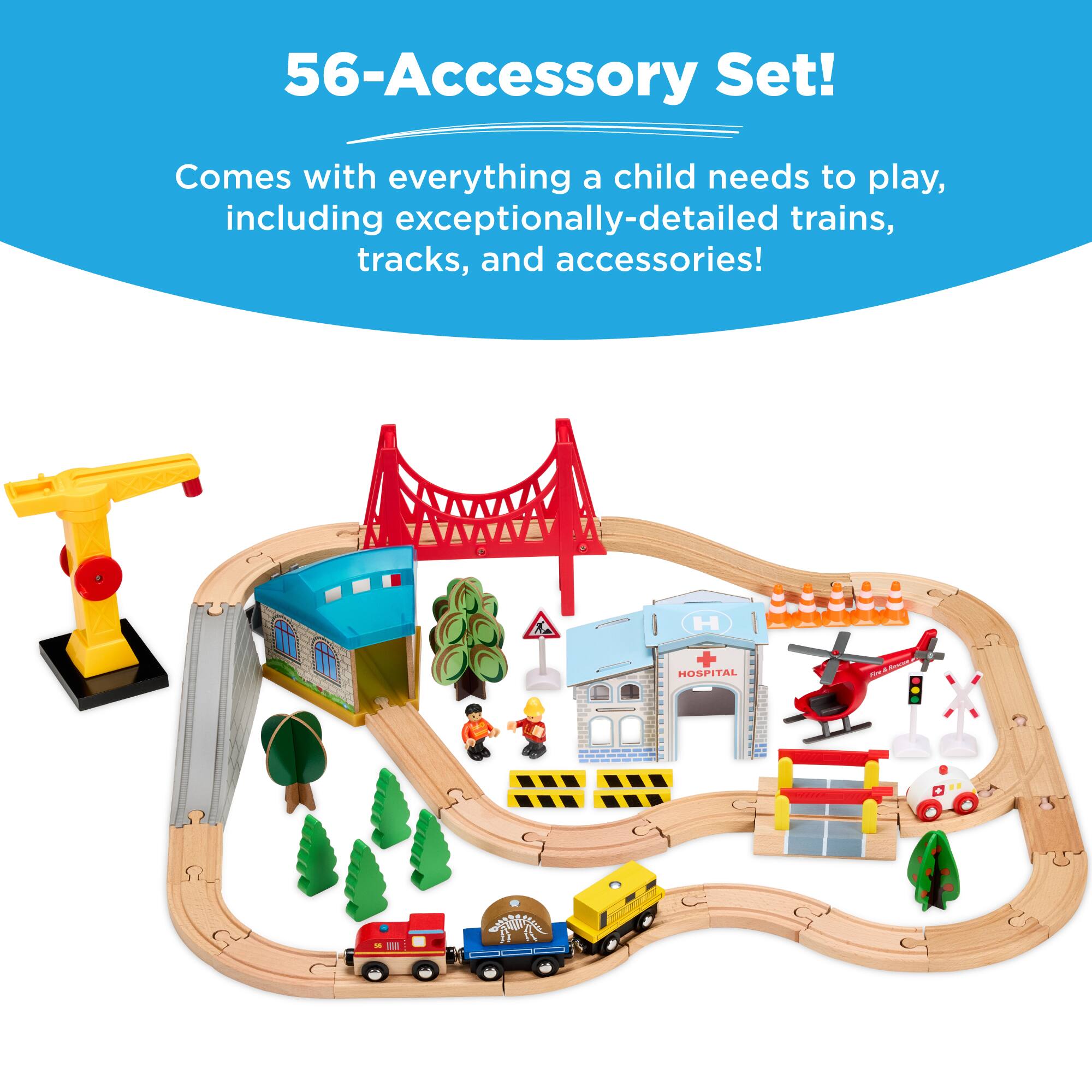 56-Accessory Set!  
Comes with everything a child needs to play, including exceptionally-detailed trains, tracks, and accessories!