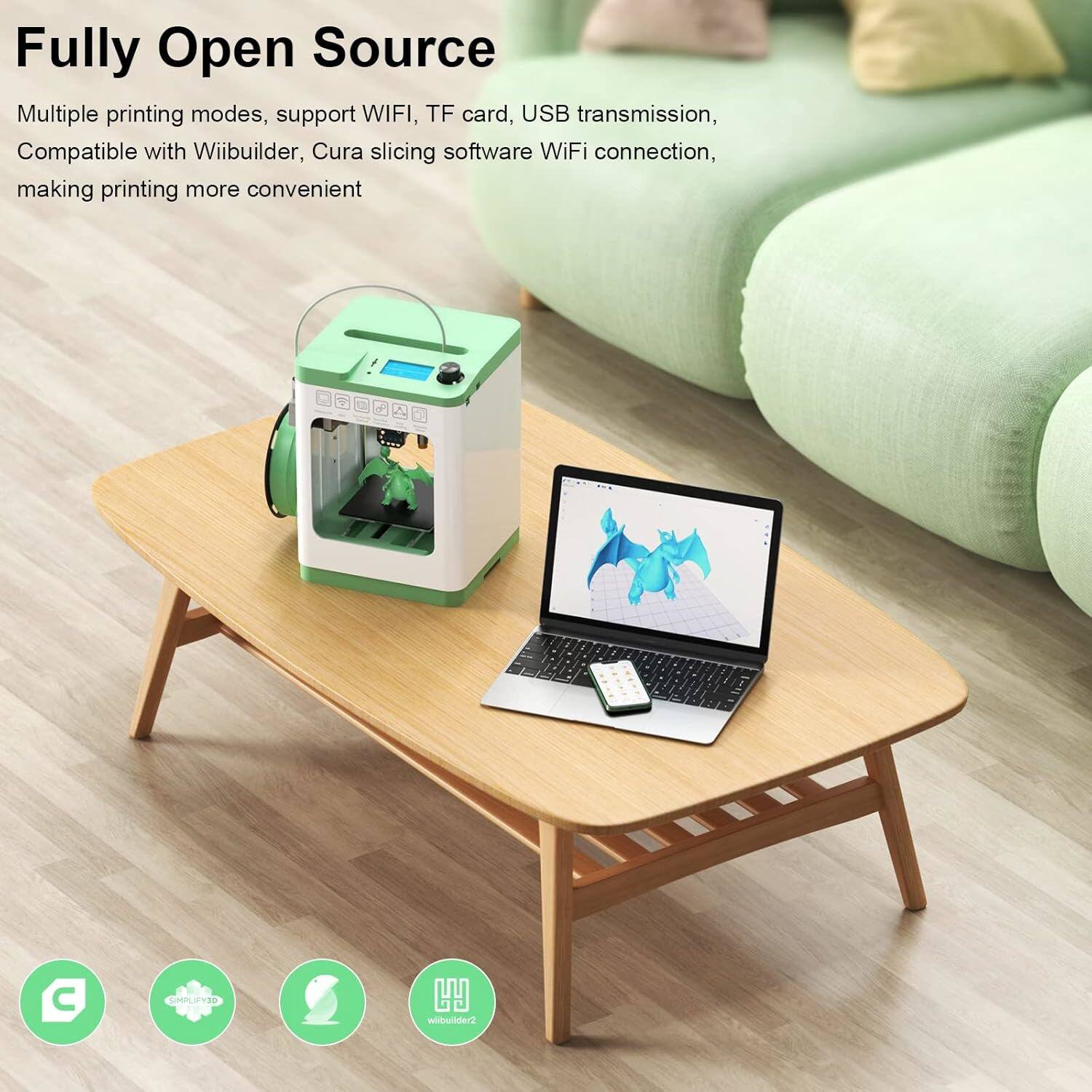 Fully Open Source

Multiple printing modes, support WIFI, TF card, USB transmission, Compatible with Wiibuilder, Cura slicing software WiFi connection, making printing more convenient