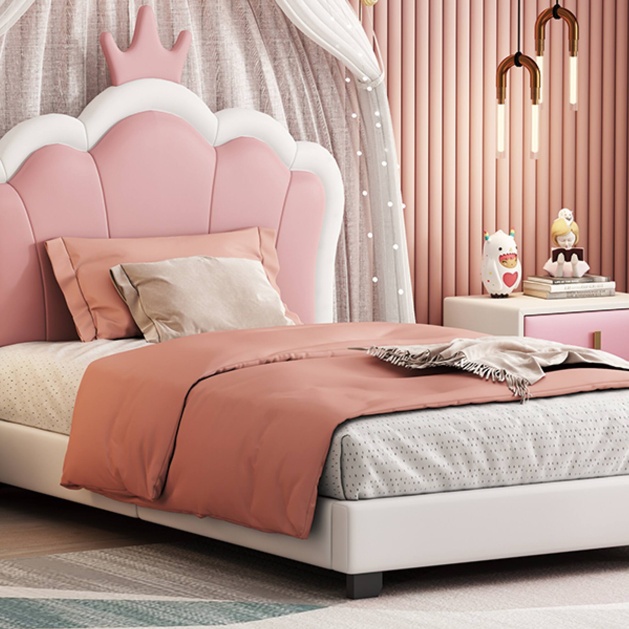 Alt View 8. GOODSILO - Twin Size Crown Headboard Upholstered Platform Bed with Headboard and Footboard for Girls Bedroom - Cream.