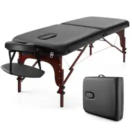 Gymax - Portable Folding Massage Table Height Adjustable Spa Bed Beech Wood Face Cradle - Black