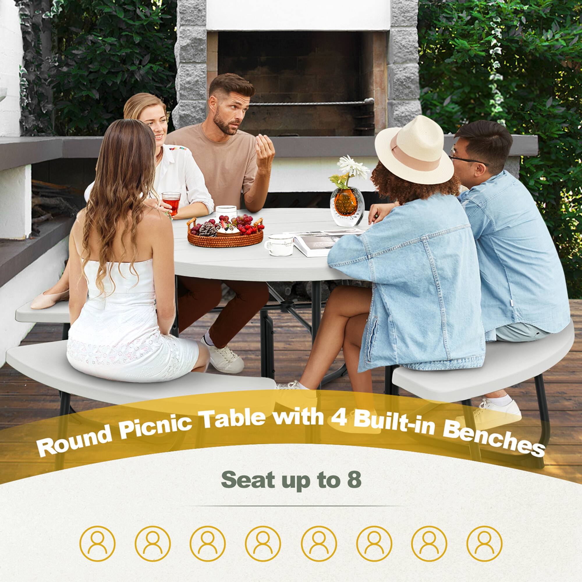 Round Picnic Table with 4 Built-in Benches Seat up to 8