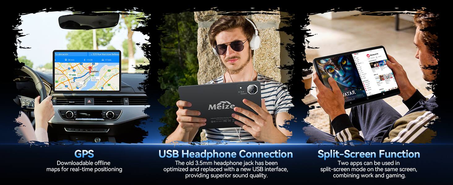 Tu ubicación x min  
I 525 Rue Narcisse Belleau f 1h30 17 min  
Moin1&TV  
17 min  
Quebec  
Oual Meize  
ATAR thewata.co  
FC CE  

GPS  
Downloadable offline maps for real-time positioning  

USB Headphone Connection  
The old 3.5mm headphone jack has been optimized and replaced with a new USB interface, providing superior sound quality.  

Split-Screen Function  
Two apps can be used in split-screen mode on the same screen, combining work and gaming.