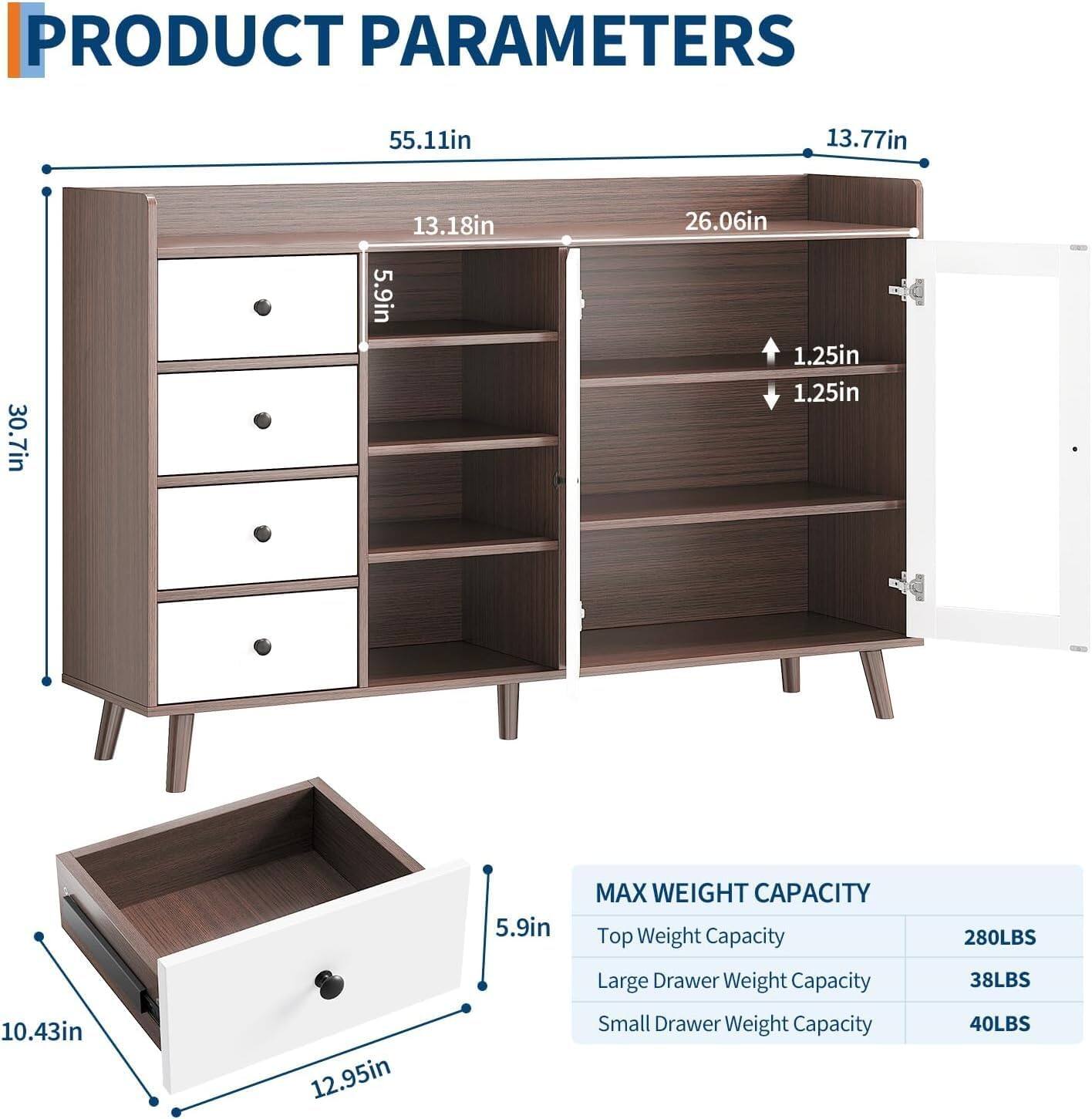**PRODUCT PARAMETERS**

- **Dimensions:**
  - Height: 55.11in
  - Width: 26.06in
  - Depth: 13.77in
  - Shelf Depth: 13.18in
  - Shelf Height: 5.9in
  - Drawer Dimensions:
    - Large Drawer: 12.95in (width) x 10.43in (depth) x 5.9in (height)
    - Small Drawer: 12.95in (width) x 10.43in (depth) x 5.9in (height)
  - Shelf Spacing: 1.25in

- **MAX WEIGHT CAPACITY:**
  - Top Weight Capacity: 280LBS
  - Large Drawer Weight Capacity: 38LBS
  - Small Drawer Weight Capacity: 40LBS