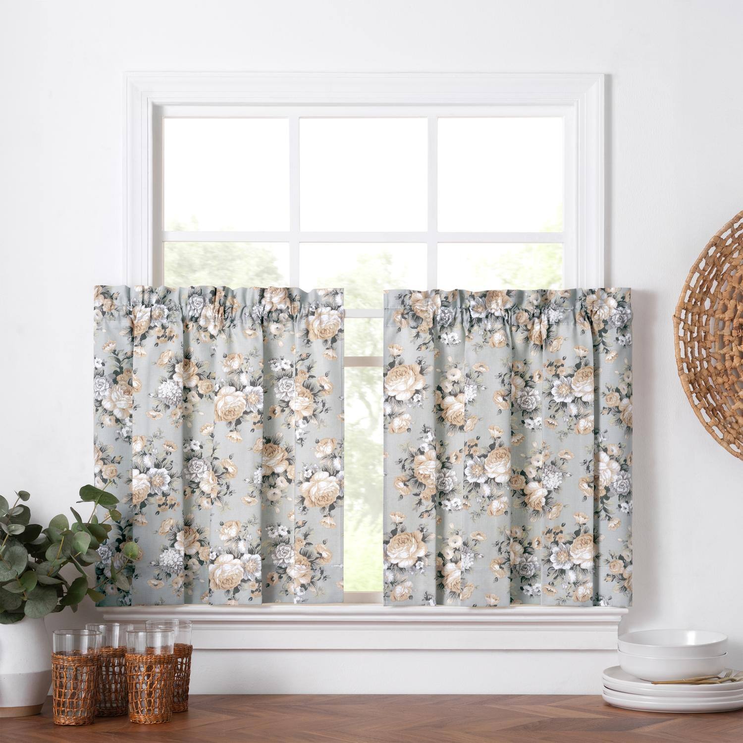 Angle. Ellis Curtain - Ellis Bella Rose Stylish Medium Scale Printed Floral Pattern 1.5" Rod Pocket Tier for Windows 56"x36" Mist - Mist.