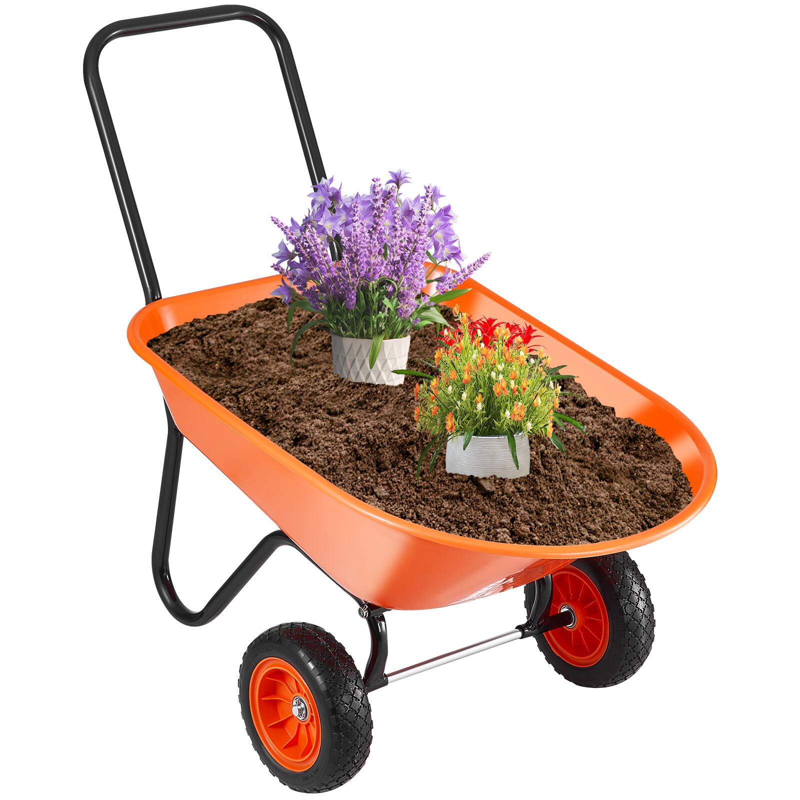 Front. VEVOR - Wheelbarrow Cart, 5 Cu. Ft. Load & 397 lbs Capacity, 2 Wheels Garden Dump Cart, Garden Wagon with Handle - Orange, Black.