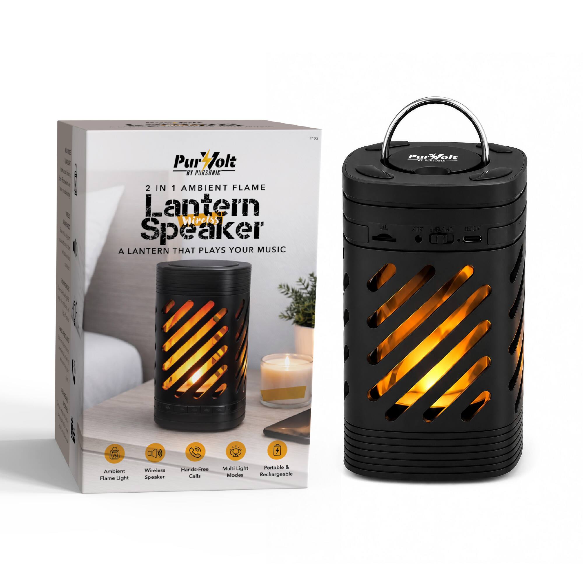 5 Pur 7olt 31 PURSOMIC .. Purs/olt : 1 2 IN 1 AMBIENT FLAME Lantern wiretss Speaker A LANTERN THAT PLAYS YOUR MUSIC

LN SIn H A Ambient Hamme Light a)  Wreless Speaker Hande-Free Calls M.a Light Pertable & Modes Rechargeable