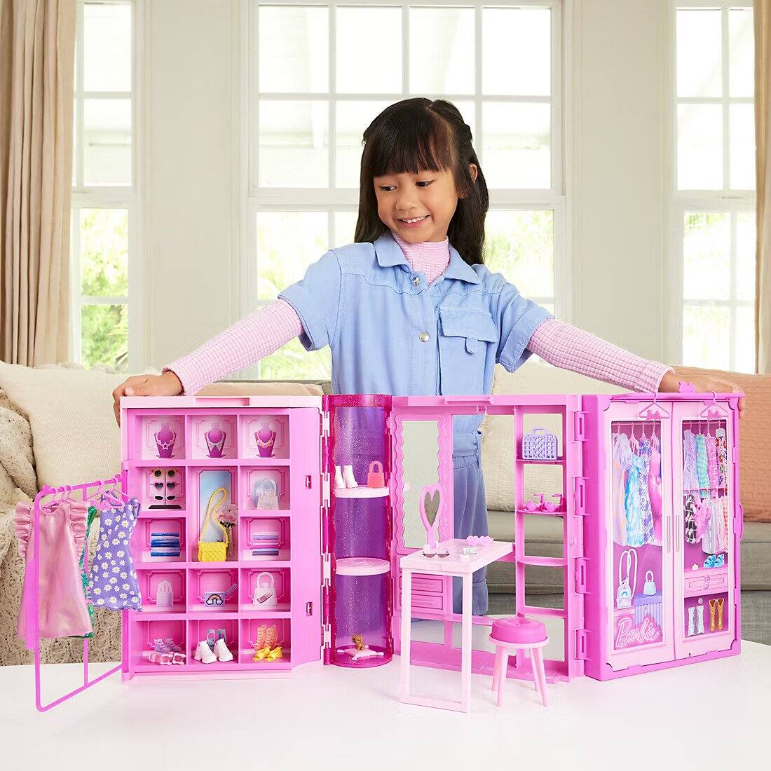Back. Barbie - Barbie Dream Closet & Dressing Room Playset 29-Piece Set with Doll Vanity Clothing Racks Accessories Ages 3+ - Pink.