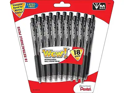 18 RETRACTABLE BALL POINT PENS
Triangular Barrel for Writing Comfort
LATEX-FREE
Wow! 18 pack RETRACTABLE BALL POINT PENS
Medium (M)
Pentel