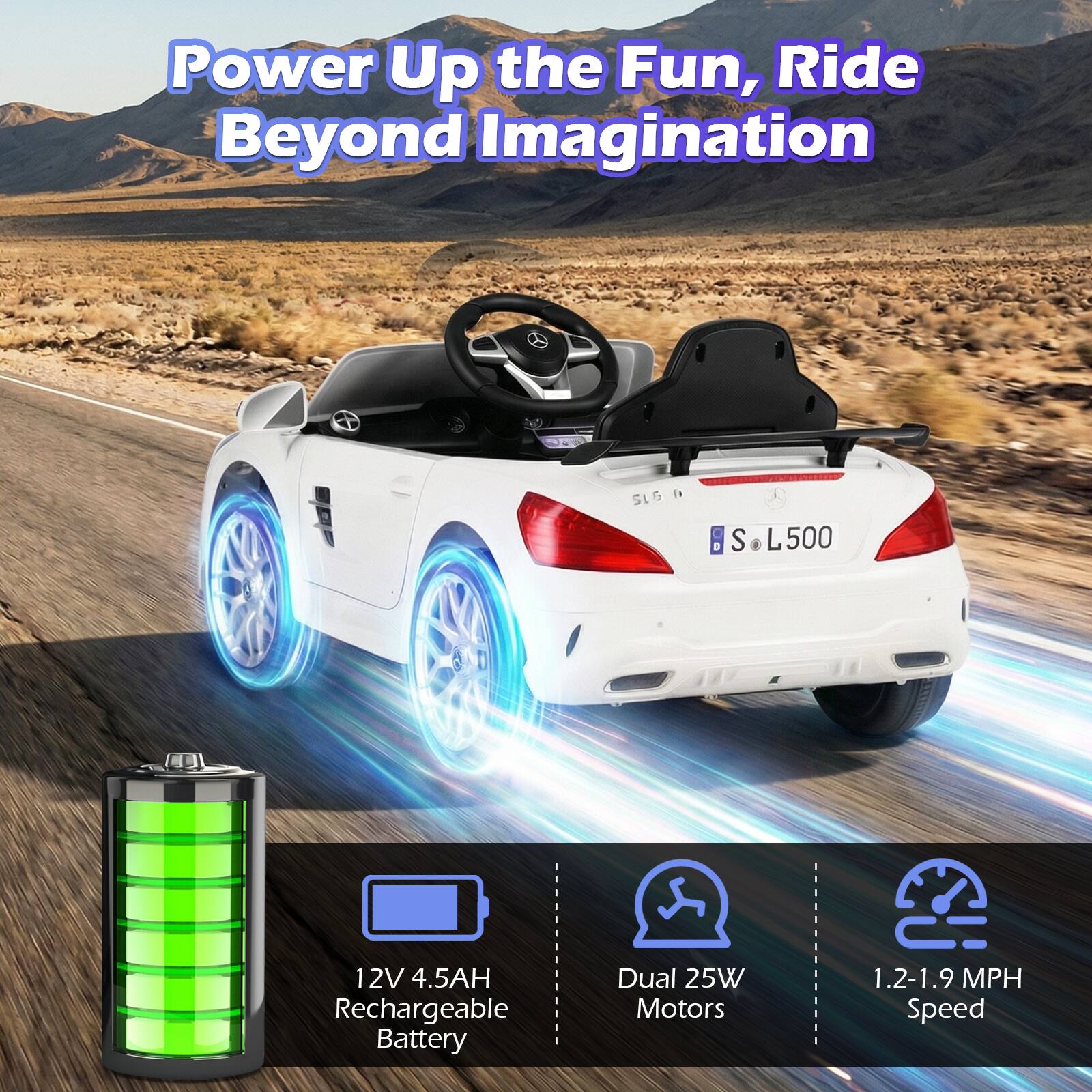 Power Up the Fun, Ride Beyond Imagination

SLG S L500

12V 4.5AH Rechargeable Battery

Dual 25W Motors

1.2-1.9 MPH Speed