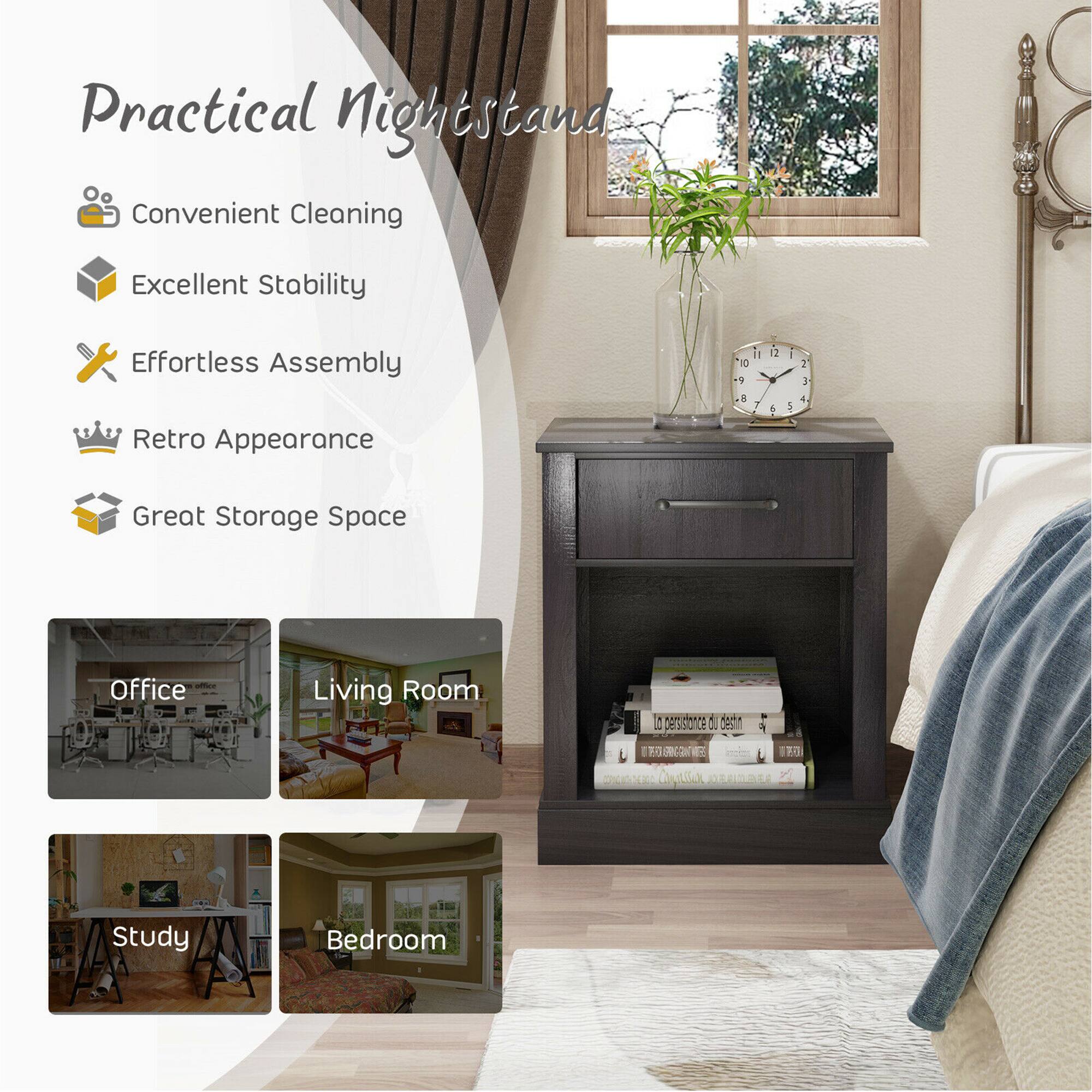 Practical Nightstand
Convenient Cleaning
Excellent Stability
Effortless Assembly
Retro Appearance
Great Storage Space

Office
Living Room
Study
Bedroom
