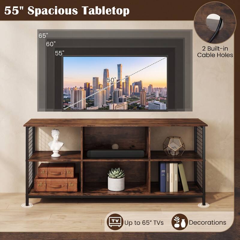 55" Spacious Tabletop

65" 60" 55" 50"

2 Built-in Cable Holes

TV Up to 65" TVs

Decorations